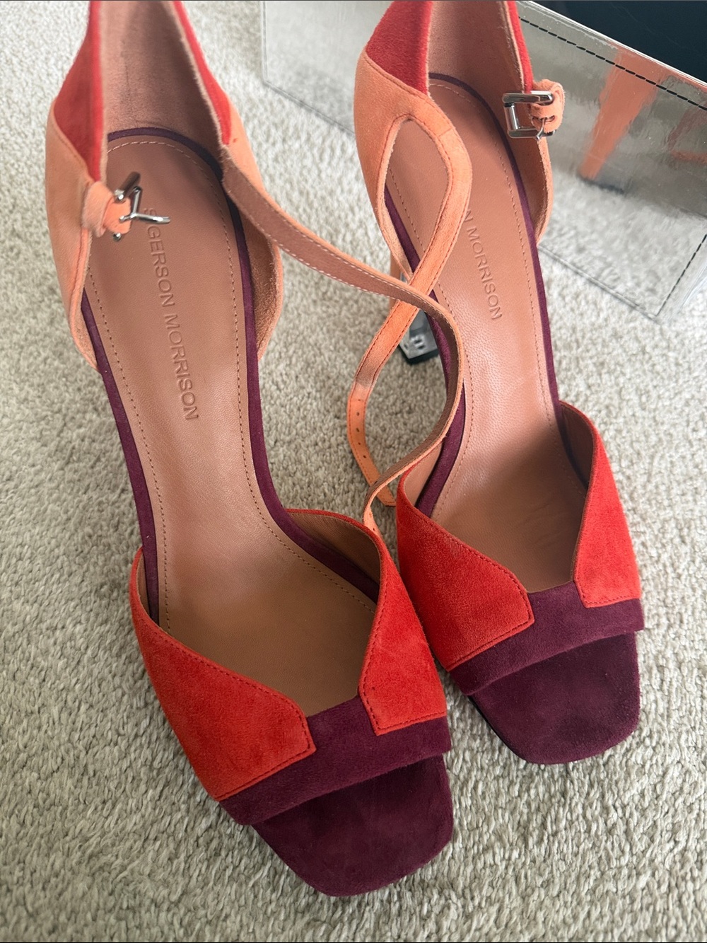 Sigerson Morrison Two-Tone Suede Ankle-Strap Heels in Red & Purple